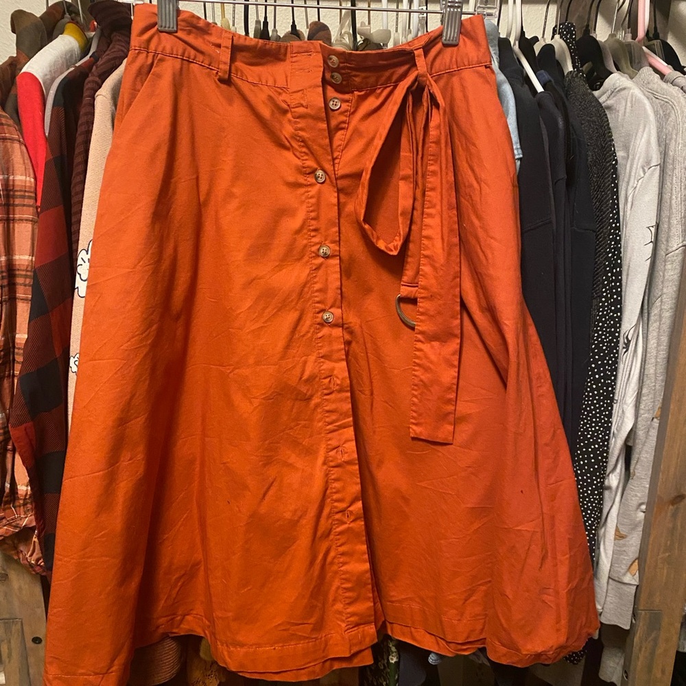 Burnt Orange Red High Waisted Midi Skirt